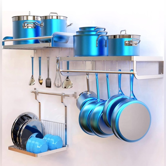 ETECHMART Kitchen Hanging Pot Rack 3 In Wall Mounted Pan Holder W 1 Hooks Heavy Duty Silver